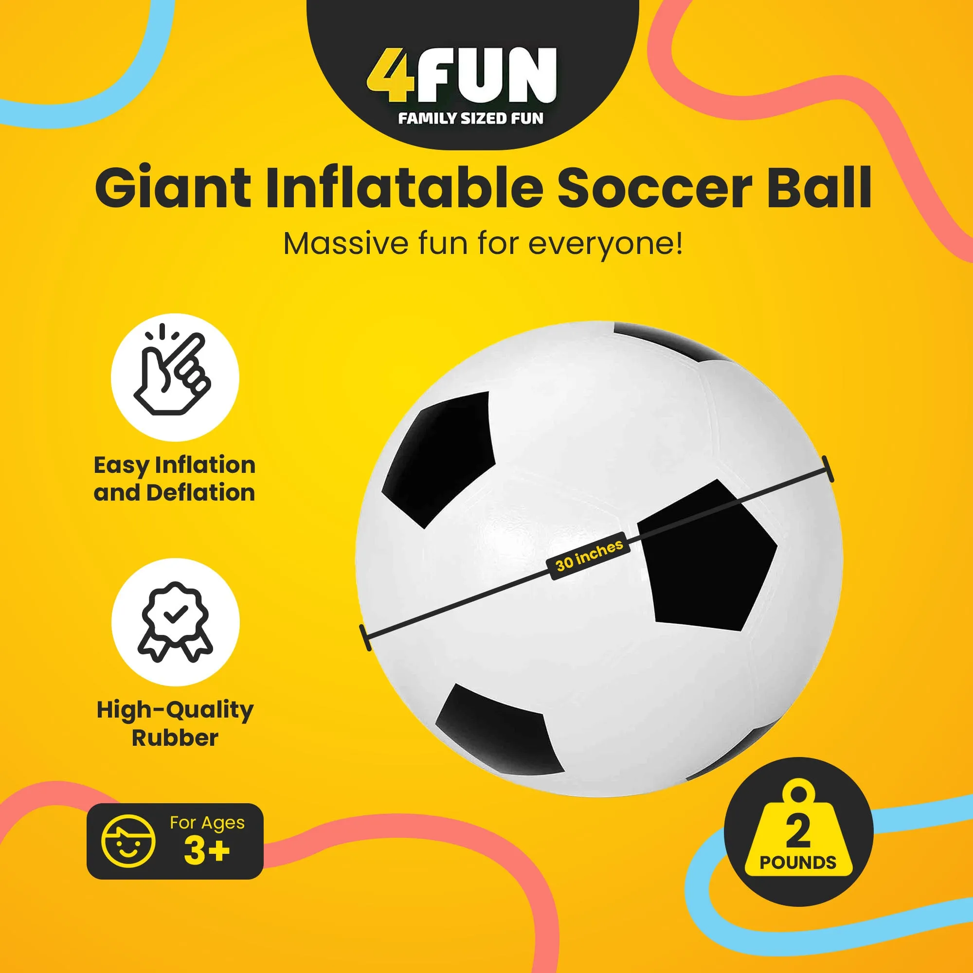 4FUN Giant Inflatable Durable Soccer Ball with Pump, 30 Inch, Black and White