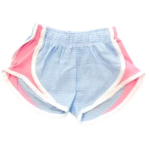 Athletic Shorts - Blue Check with Pink Sides