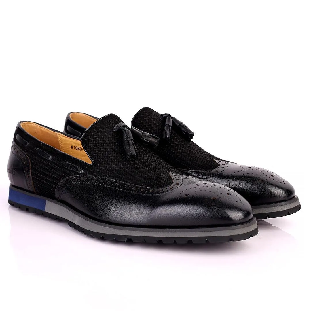 Berlut Brogue And Tassel Designed Black Leather Shoe