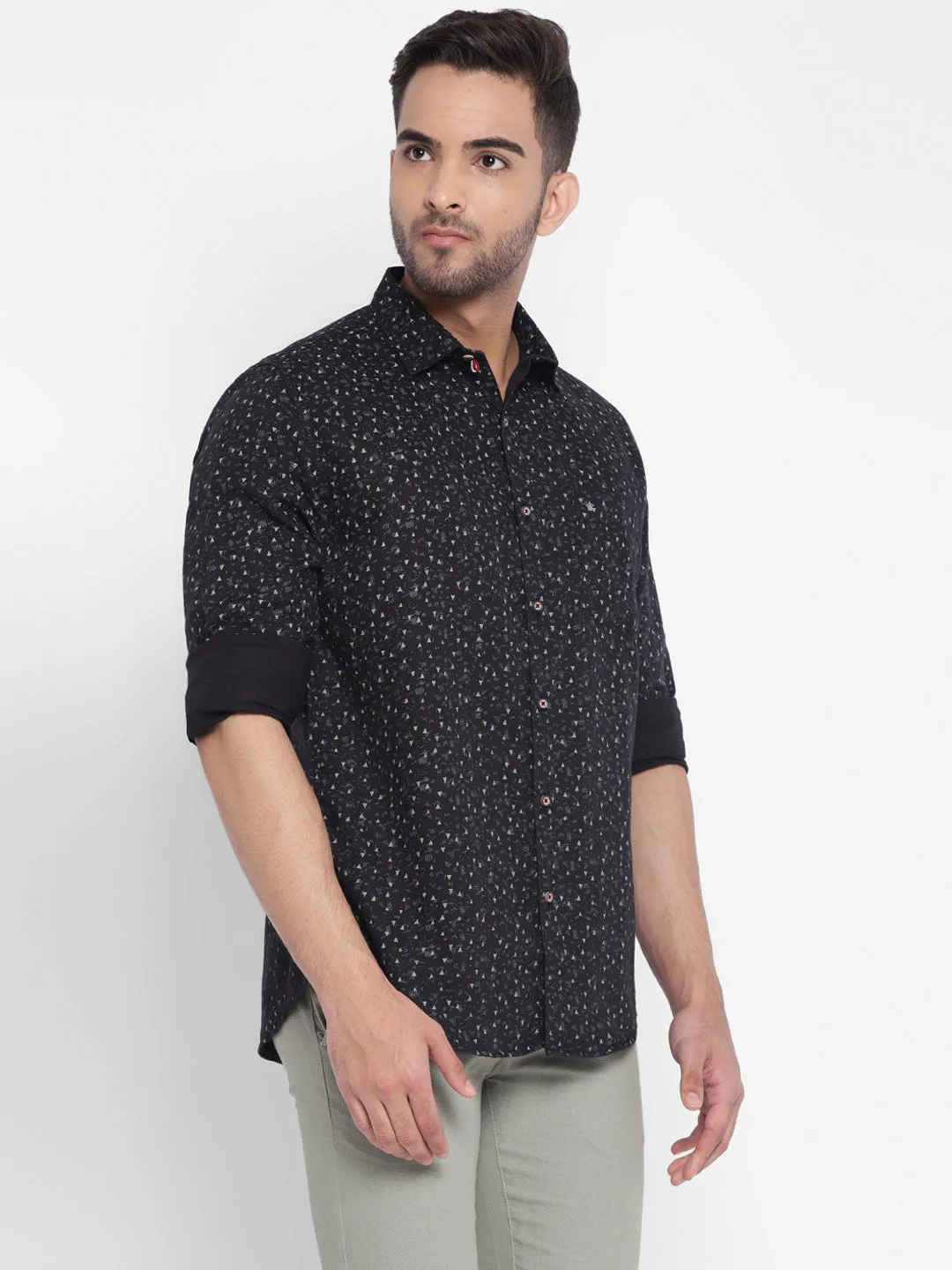 Black Cotton Printed Slim Fit Casual Shirt