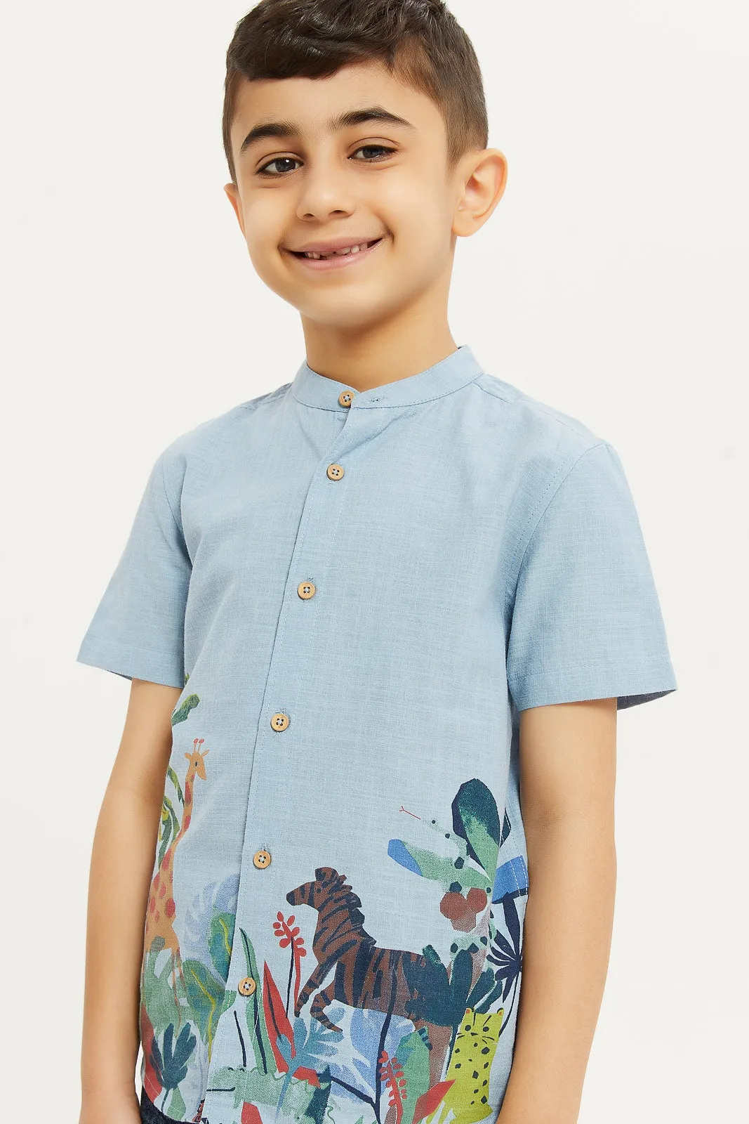 Boys Blue Cotton Printed Shirt