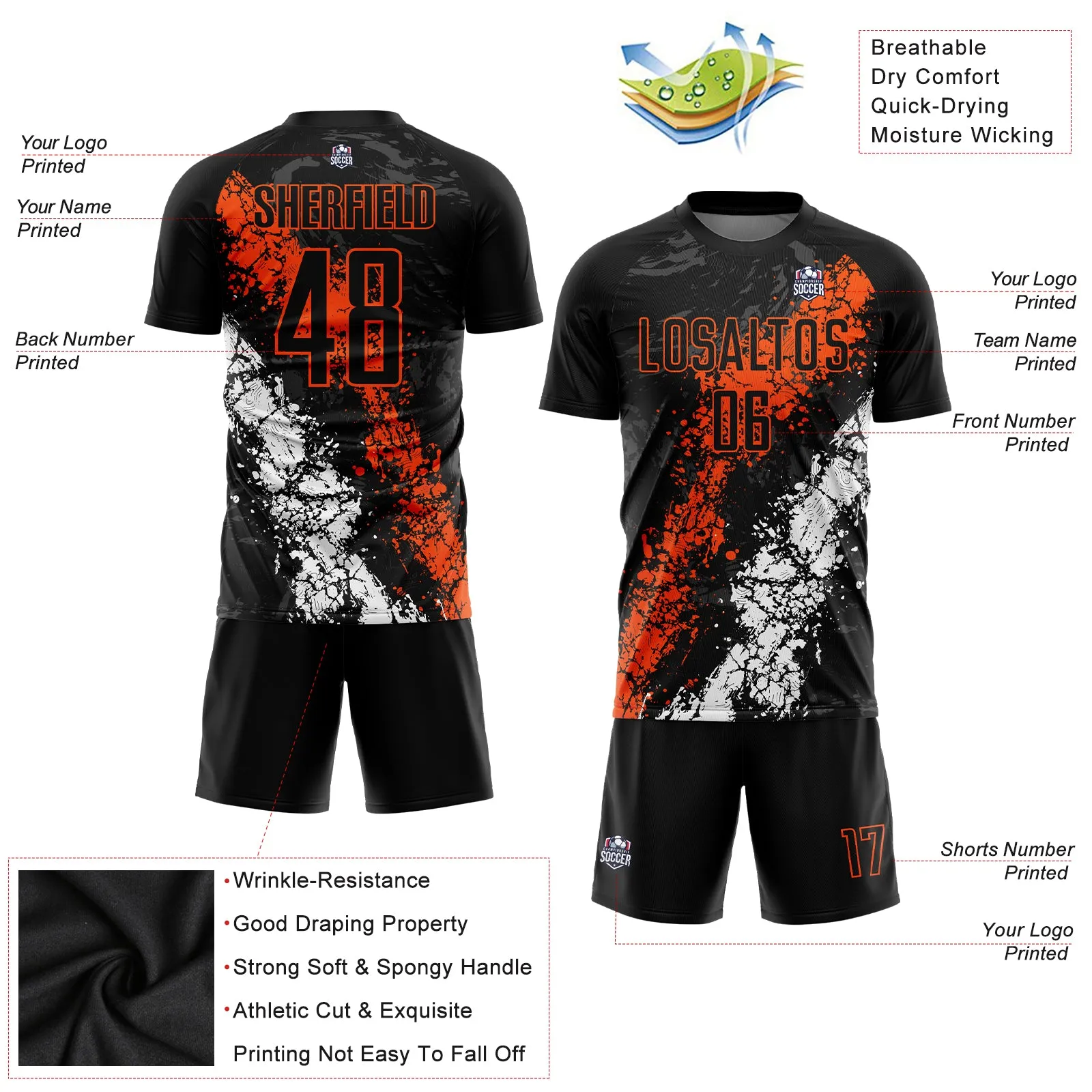 Custom Black Orange-White Sublimation Soccer Uniform Jersey