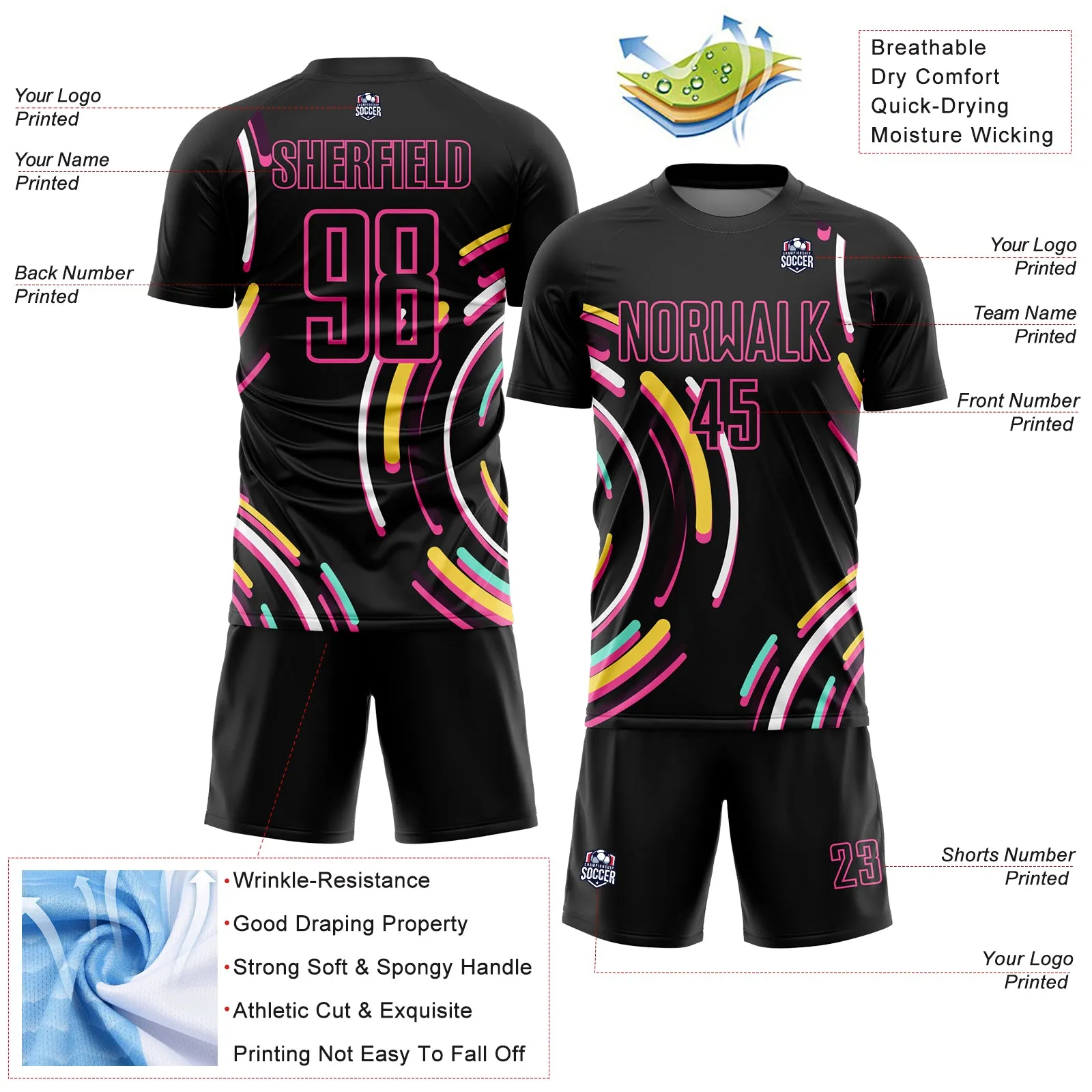 Custom Black Pink Lines Sublimation Soccer Uniform Jersey