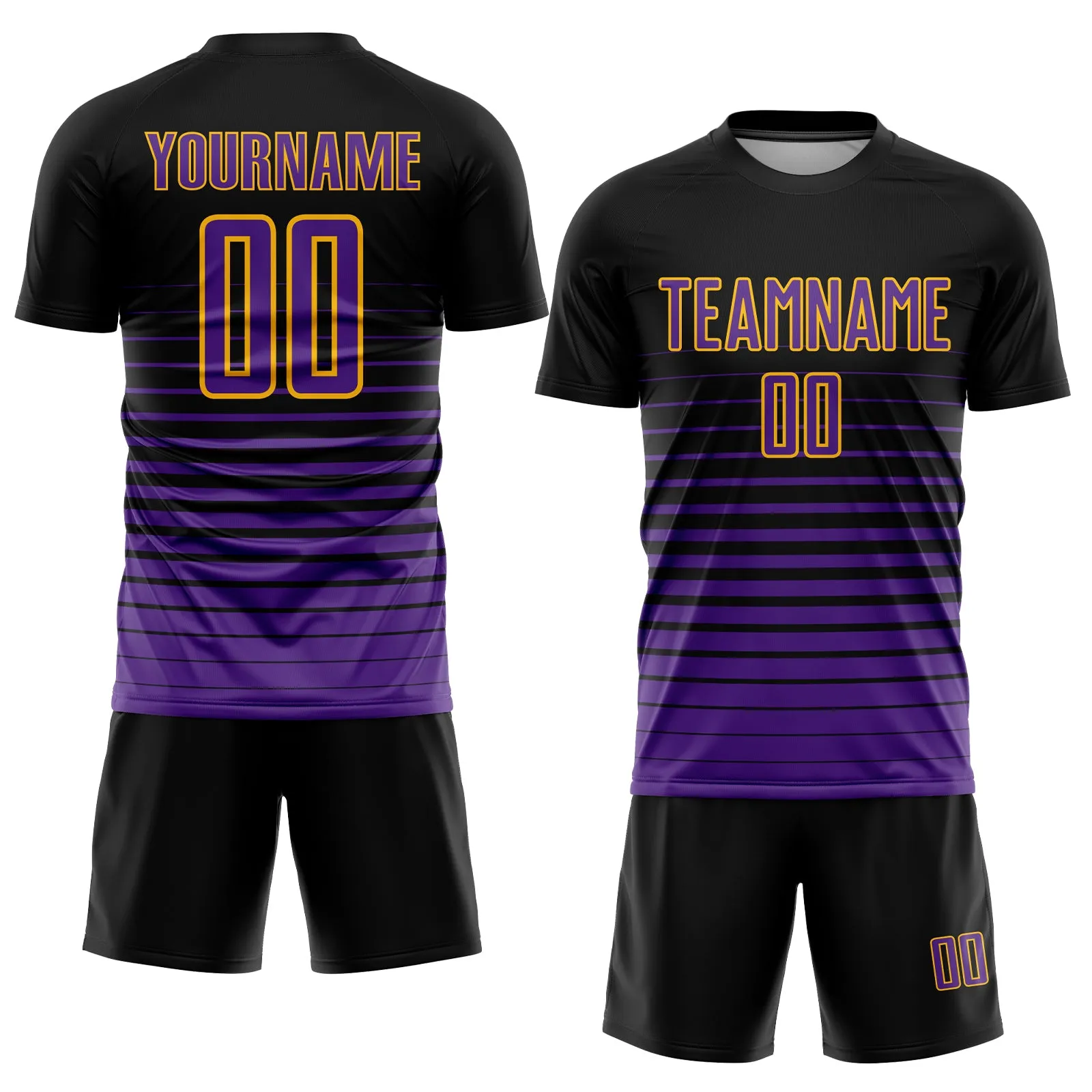 Custom Black Purple-Gold Pinstripe Fade Fashion Sublimation Soccer Uniform Jersey