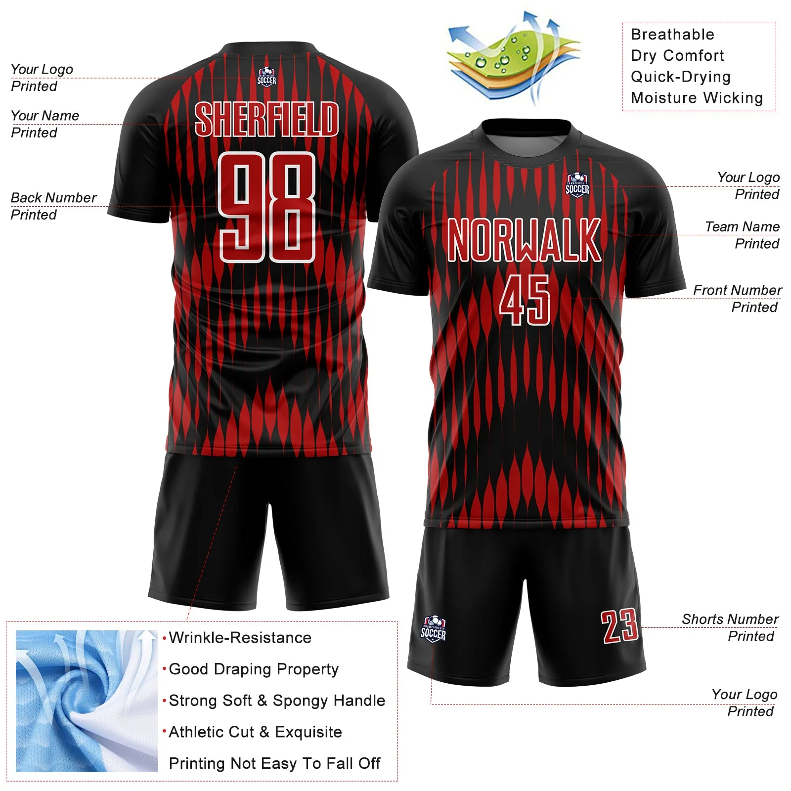 Custom Black Red-White Abstract Triangle Sublimation Soccer Uniform Jersey