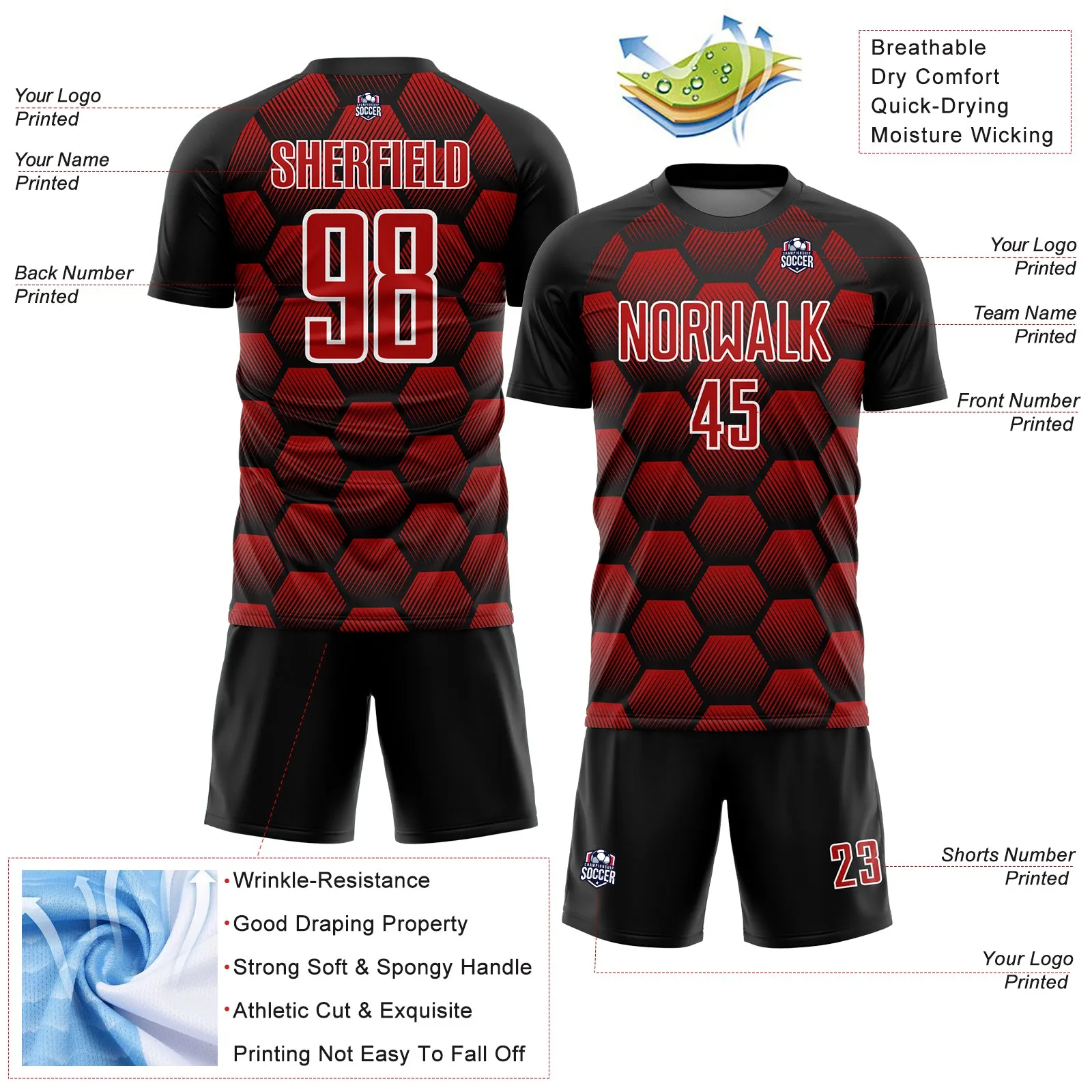 Custom Black Red-White Hexagons Pattern Sublimation Soccer Uniform Jersey