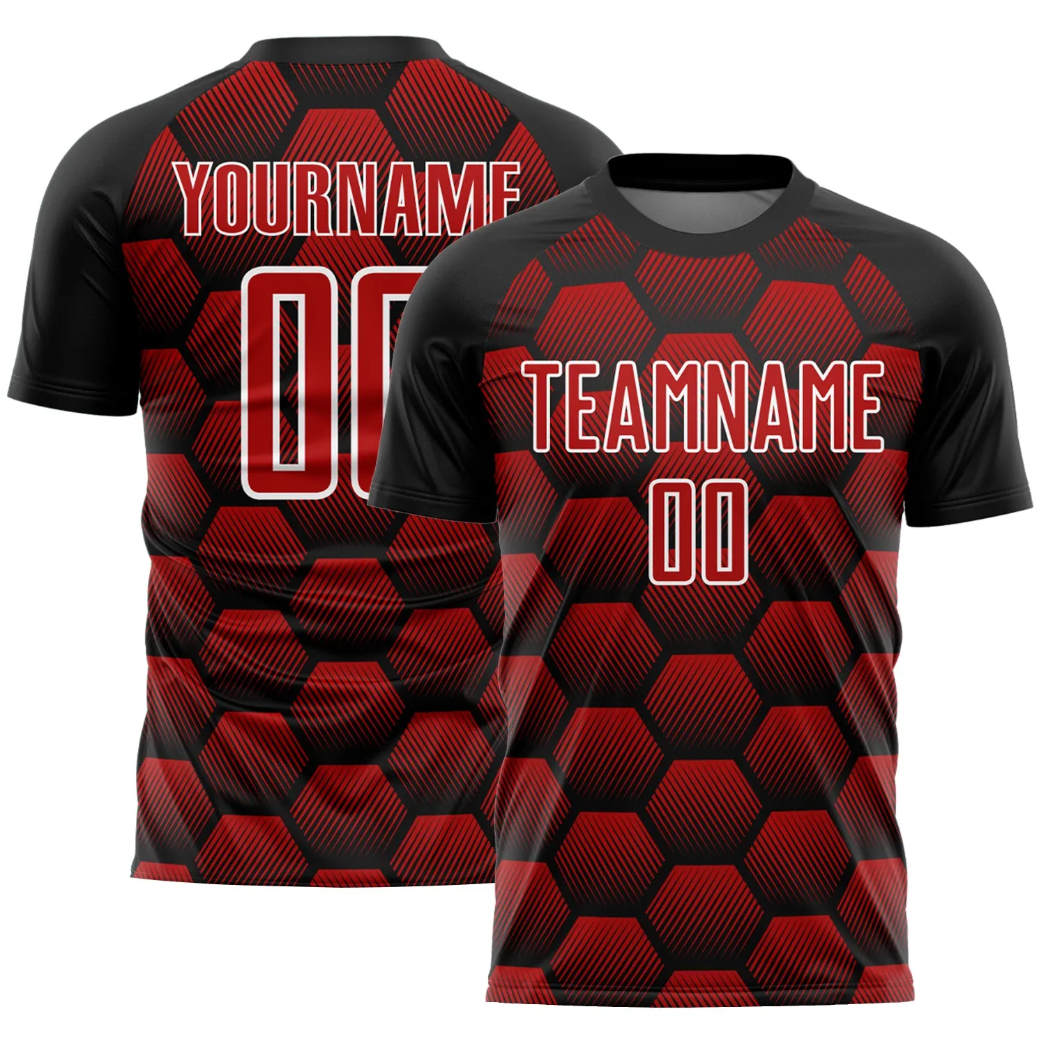 Custom Black Red-White Hexagons Pattern Sublimation Soccer Uniform Jersey