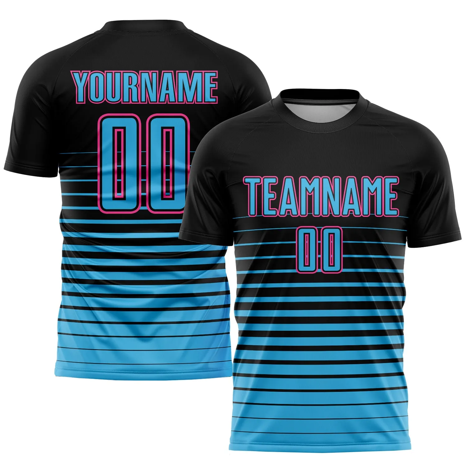 Custom Black Sky Blue-Pink Pinstripe Fade Fashion Sublimation Soccer Uniform Jersey