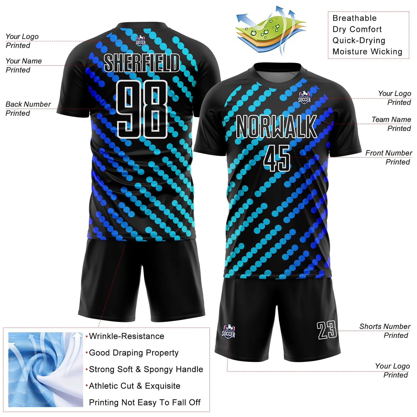 Custom Black Sky Blue-Royal Lines Sublimation Soccer Uniform Jersey