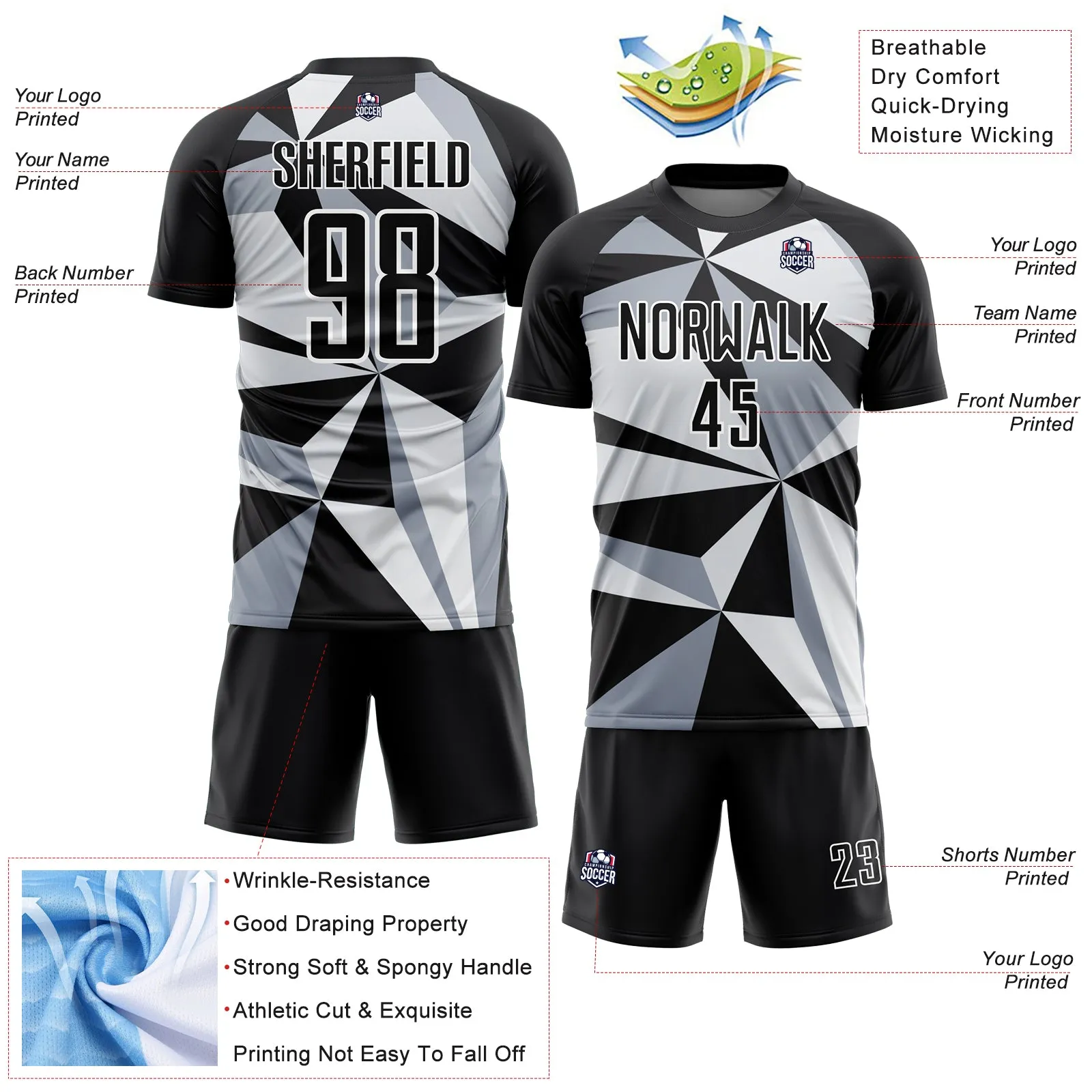 Custom Black White Geometric Pattern Sublimation Soccer Uniform Jersey