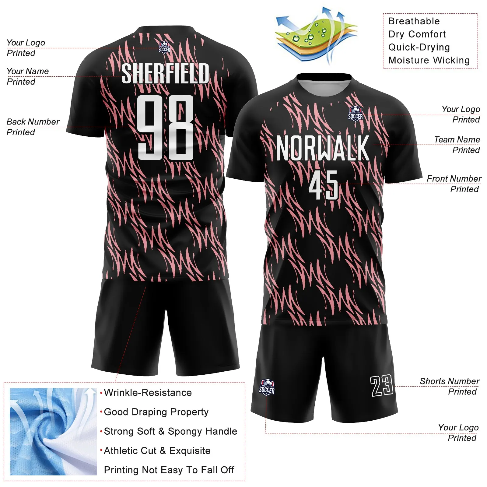 Custom Black White-Medium Pink Abstract Wave Sublimation Soccer Uniform Jersey