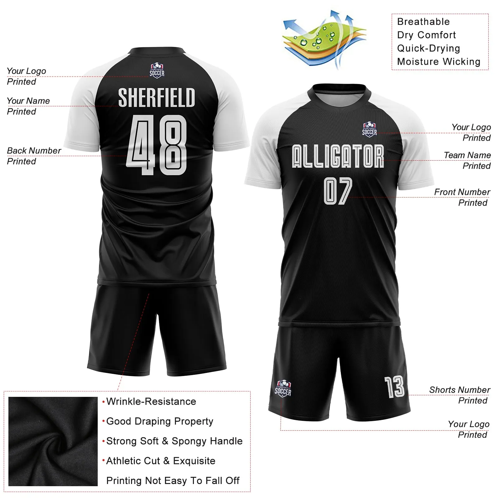 Custom Black White Sublimation Soccer Uniform Jersey