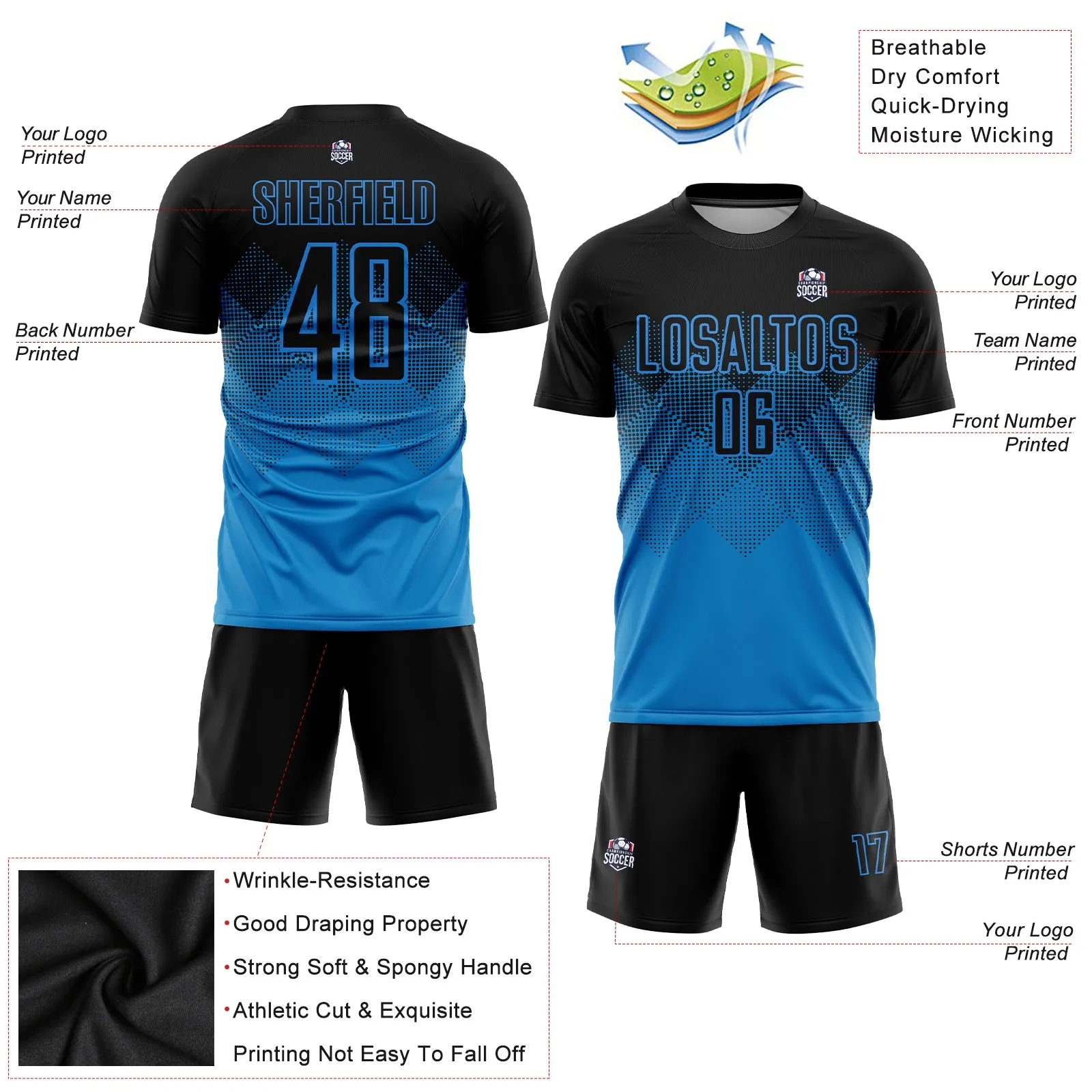 Custom Blue Black Sublimation Soccer Uniform Jersey