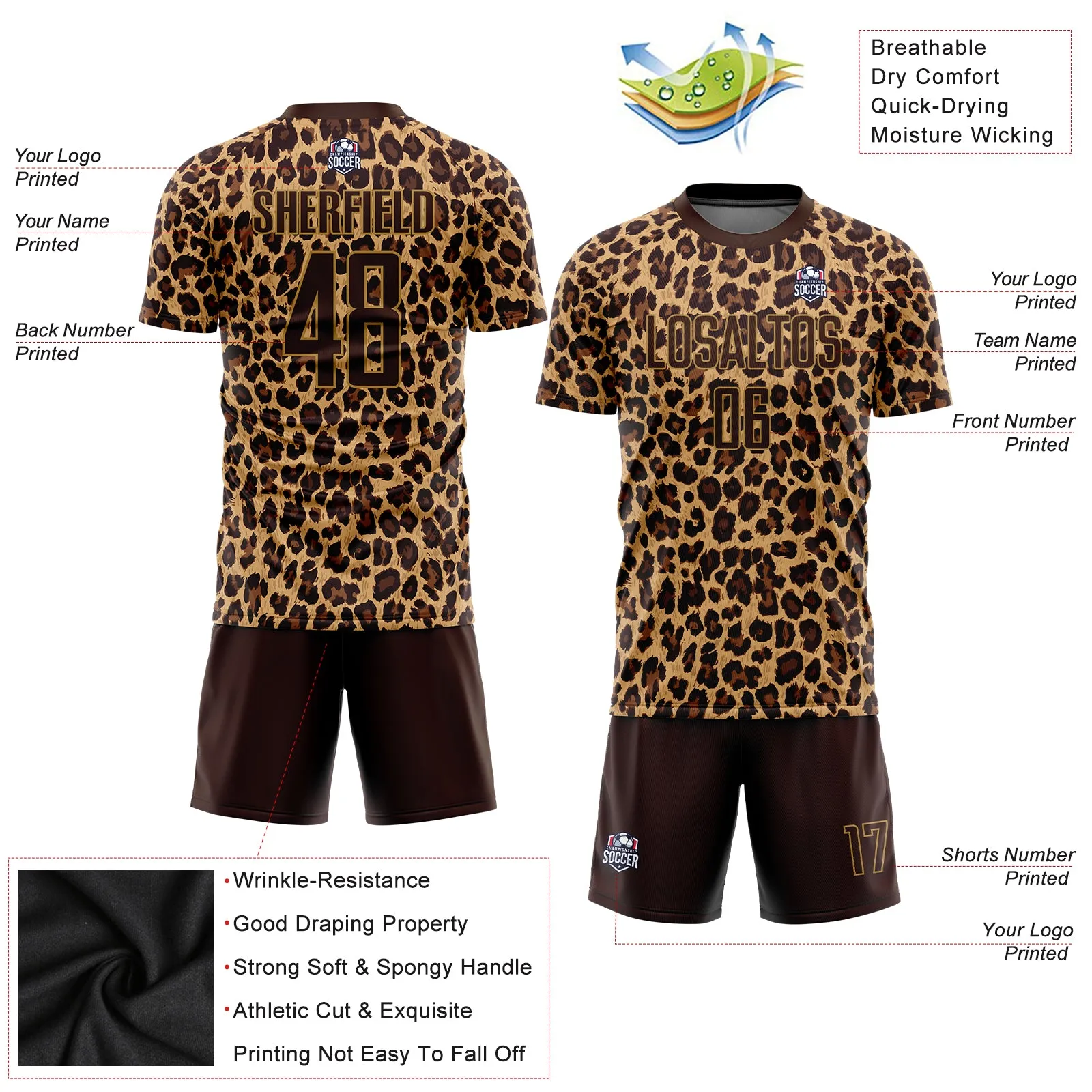 Custom Brown Brown-Old Gold Sublimation Leopard Soccer Uniform Jersey