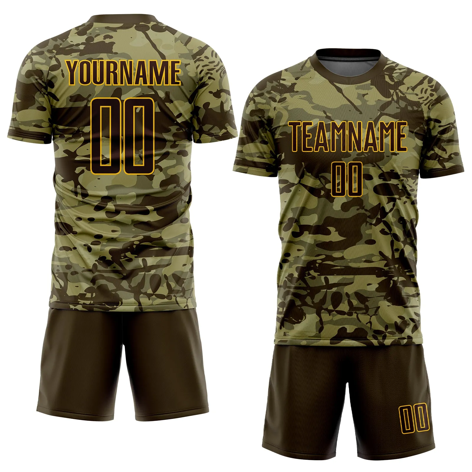 Custom Camo Brown-Gold Sublimation Salute To Service Soccer Uniform Jersey