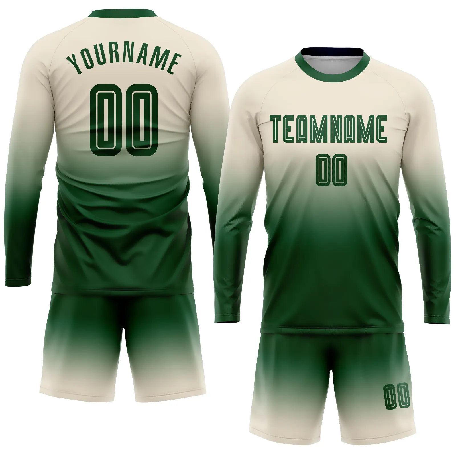 Custom Cream Green Sublimation Long Sleeve Fade Fashion Soccer Uniform Jersey