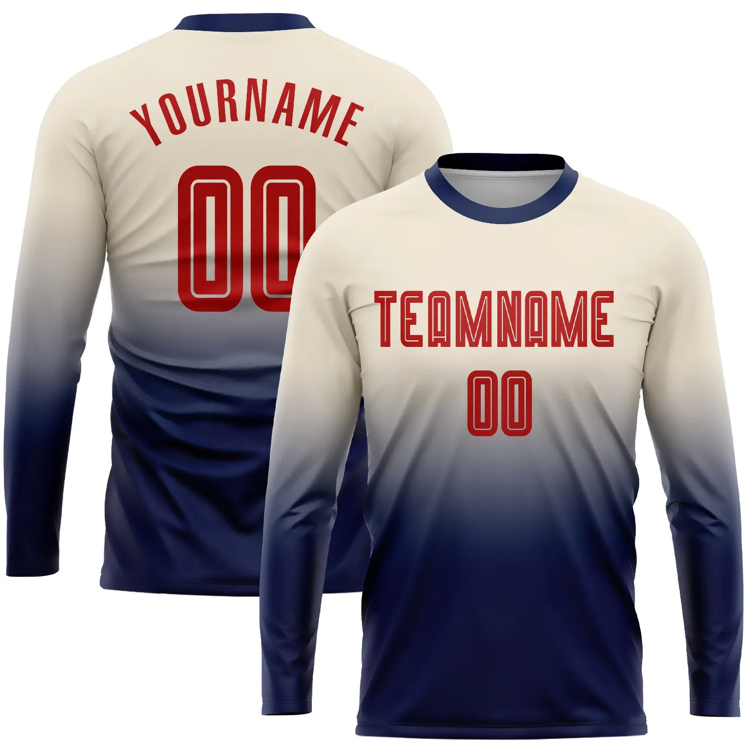 Custom Cream Red-Navy Sublimation Long Sleeve Fade Fashion Soccer Uniform Jersey