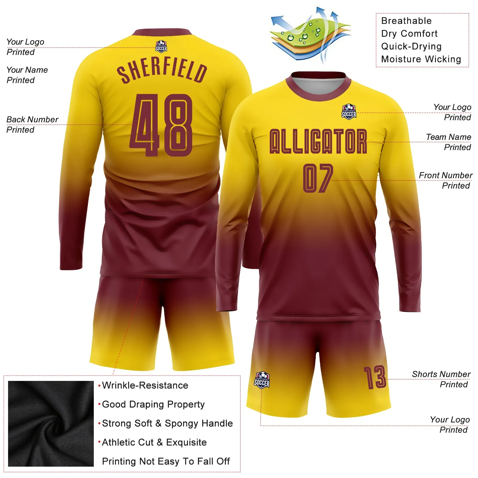 Custom Gold Burgundy Sublimation Long Sleeve Fade Fashion Soccer Uniform Jersey