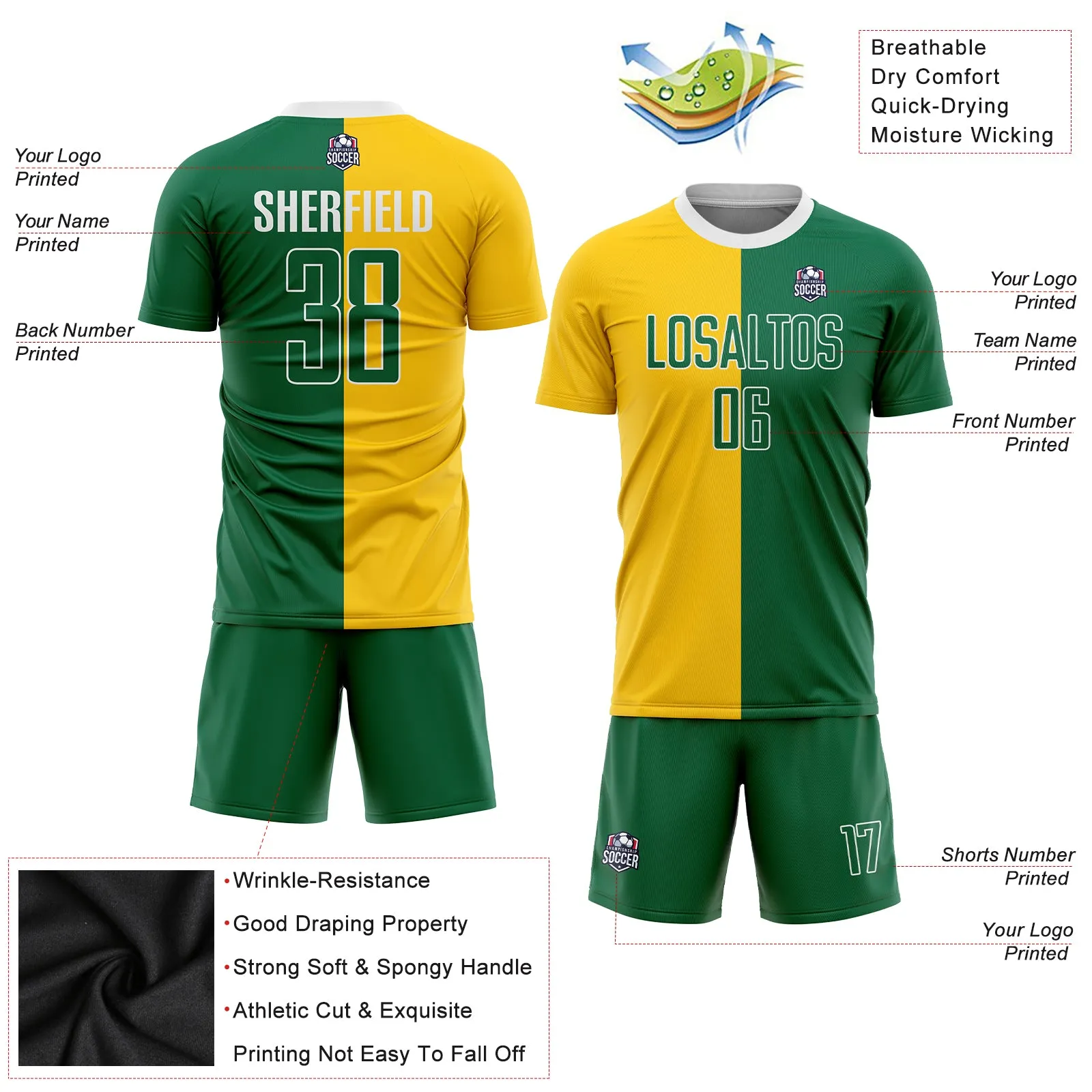 Custom Gold Kelly Green-White Sublimation Split Fashion Soccer Uniform Jersey