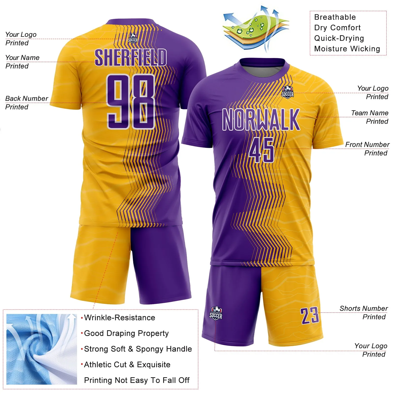 Custom Gold Purple-White Gradient Arrow Sublimation Soccer Uniform Jersey