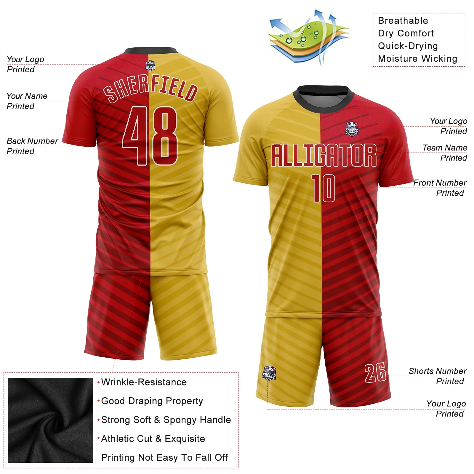 Custom Gold Red-White Sublimation Soccer Uniform Jersey