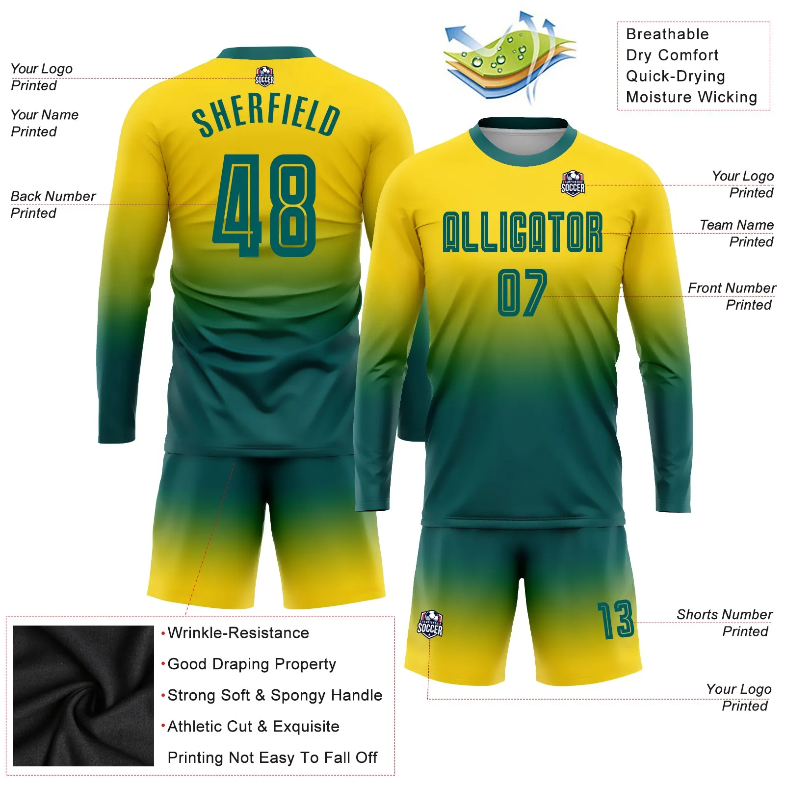 Custom Gold Teal Sublimation Long Sleeve Fade Fashion Soccer Uniform Jersey