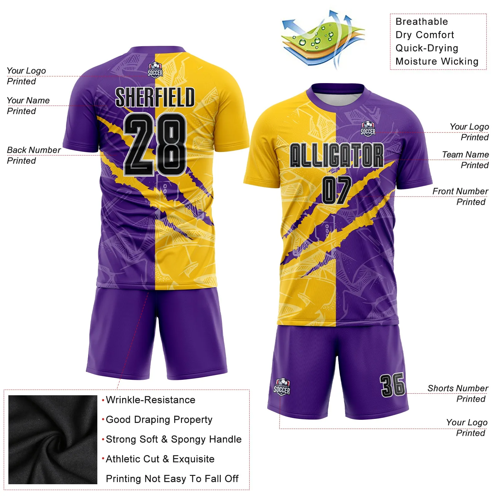 Custom Graffiti Pattern Black Purple Yellow-Gray Scratch Sublimation Soccer Uniform Jersey