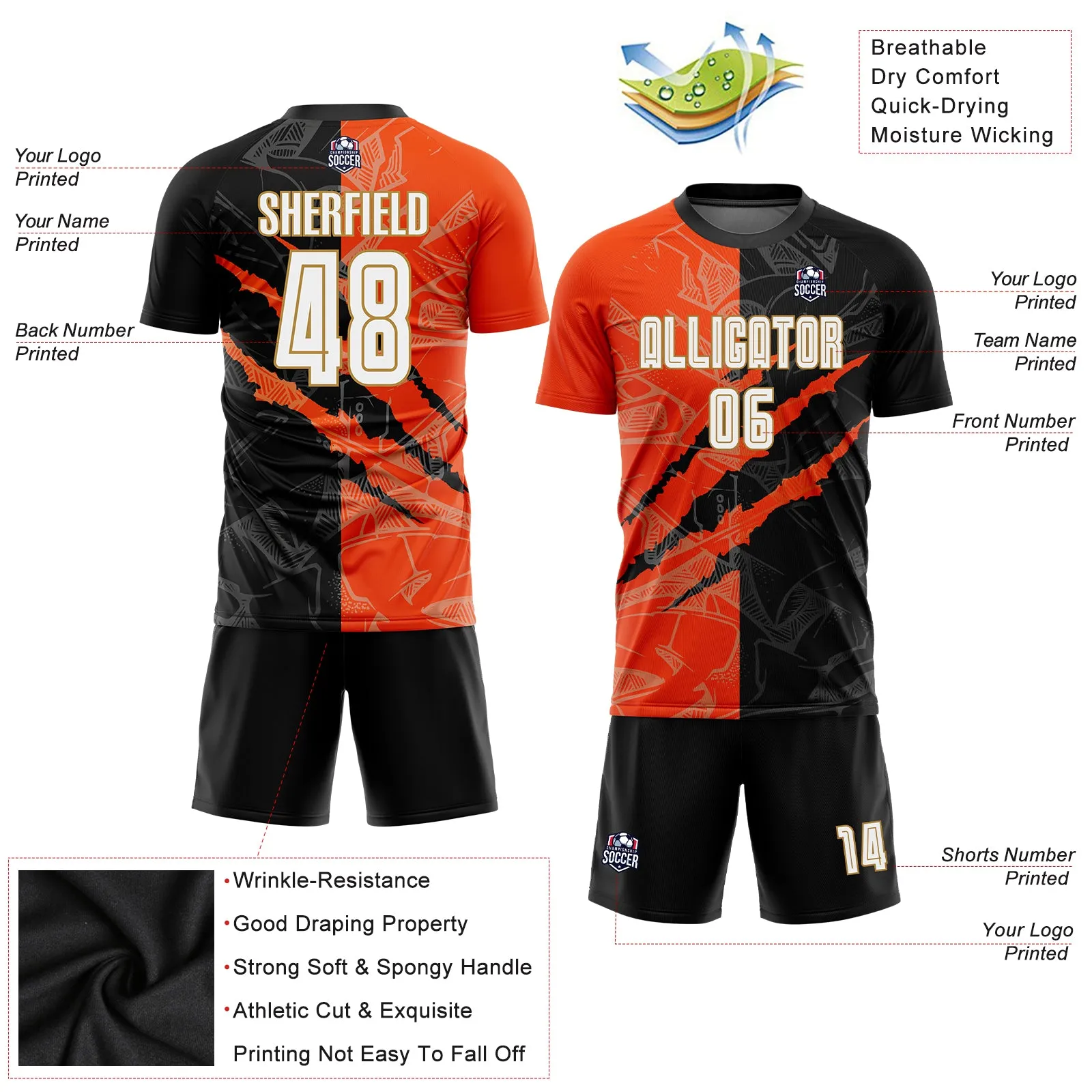 Custom Graffiti Pattern White Black Orange-Old Gold Sublimation Soccer Uniform Jersey