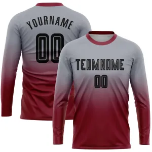 Custom Gray Black-Crimson Sublimation Long Sleeve Fade Fashion Soccer Uniform Jersey