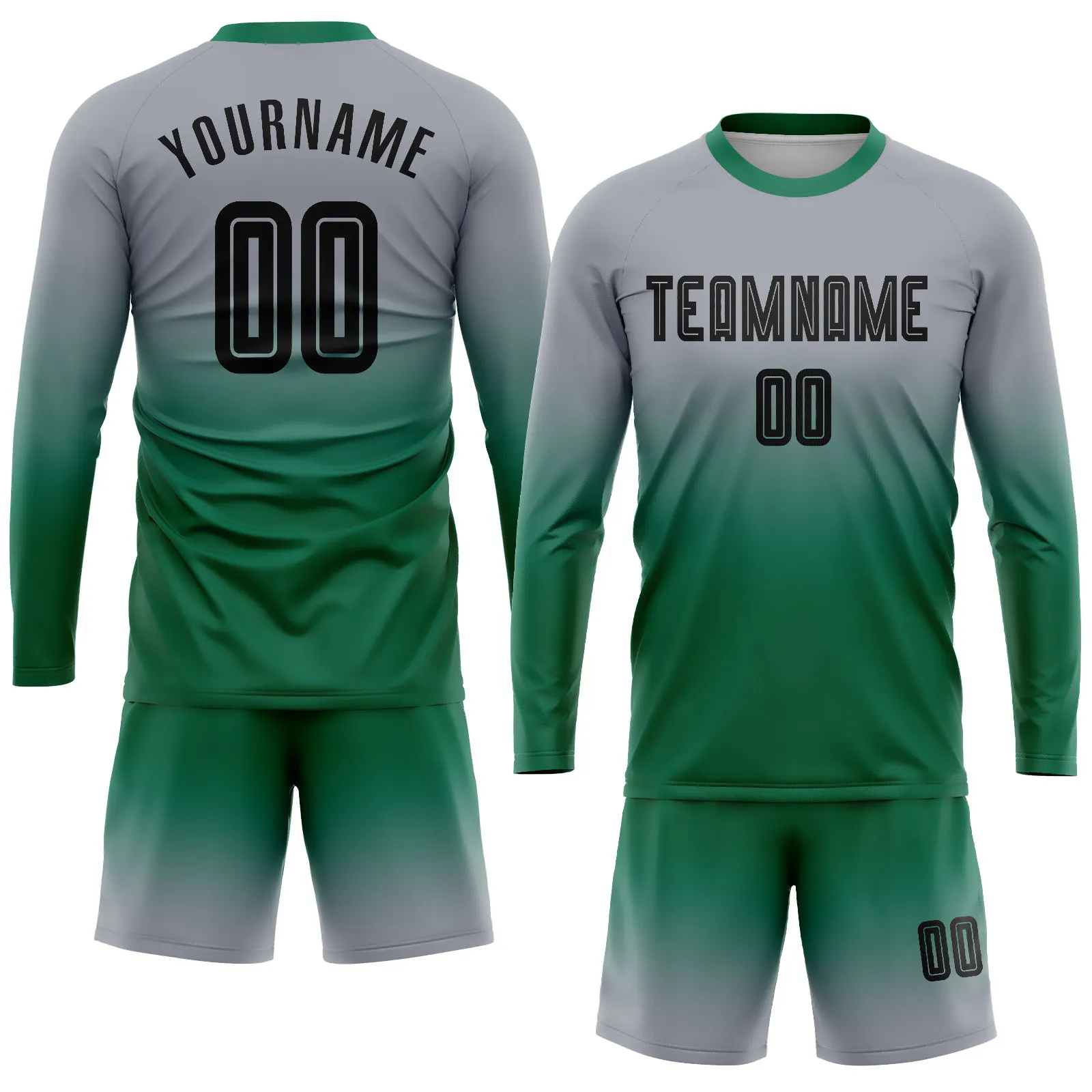 Custom Gray Black-Kelly Green Sublimation Long Sleeve Fade Fashion Soccer Uniform Jersey