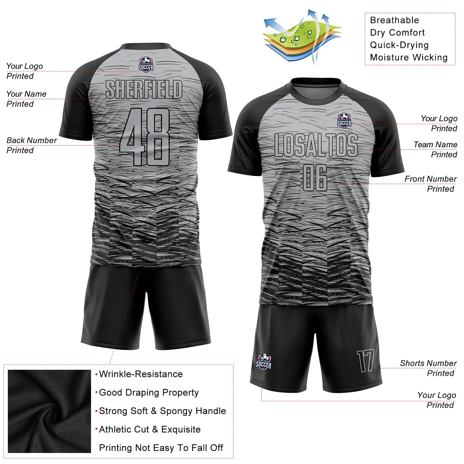 Custom Gray Black Sublimation Soccer Uniform Jersey