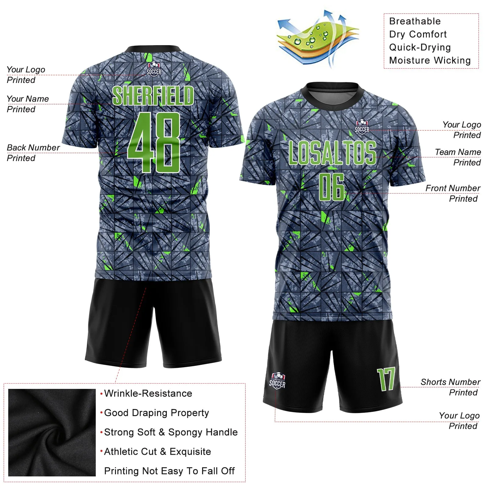 Custom Gray Neon Green-Black Sublimation Soccer Uniform Jersey