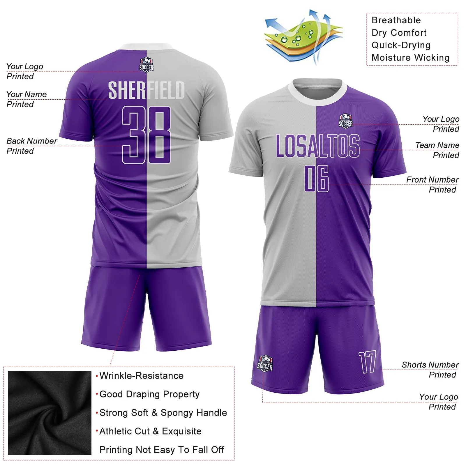 Custom Gray Purple-White Sublimation Split Fashion Soccer Uniform Jersey