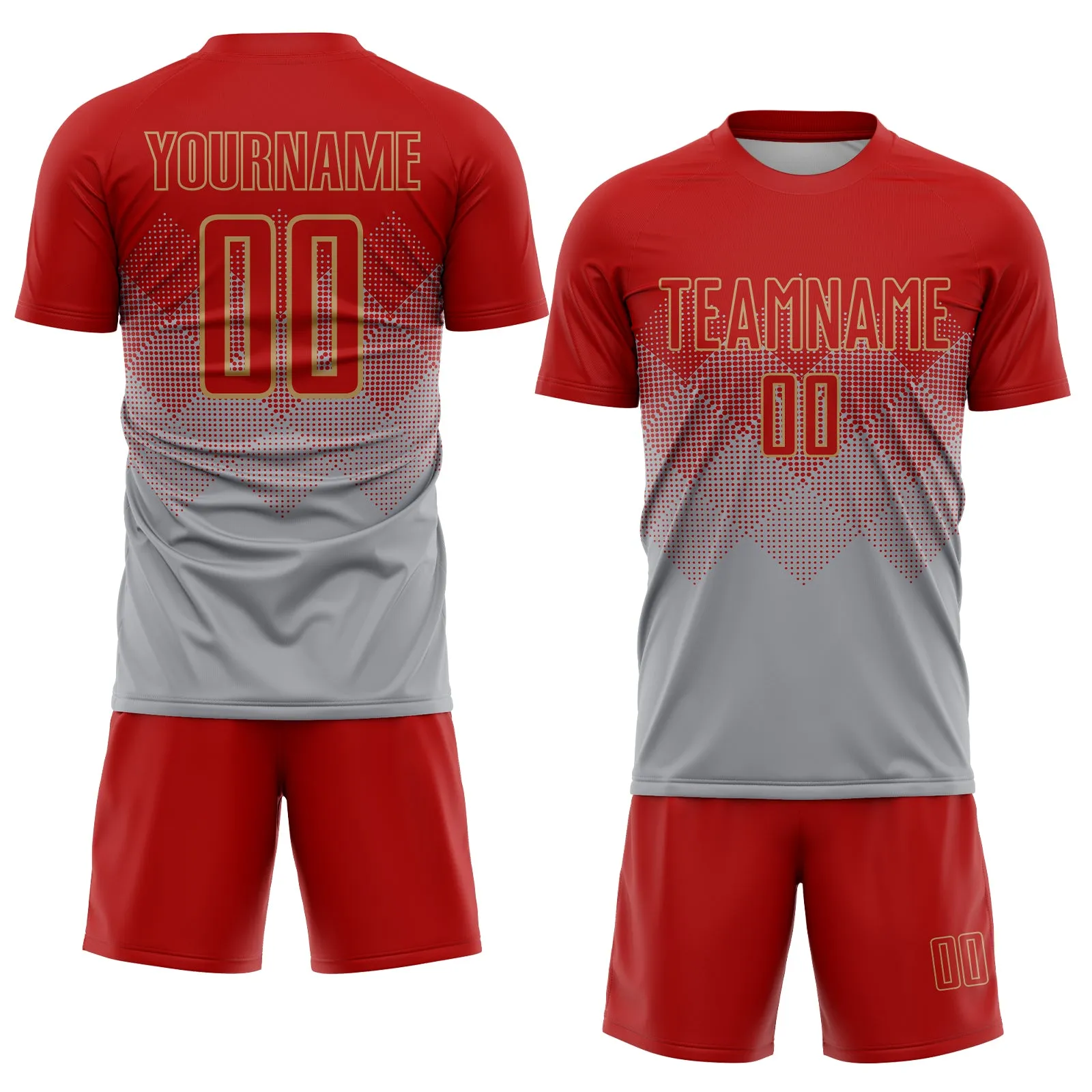 Custom Gray Red-Old Gold Sublimation Soccer Uniform Jersey