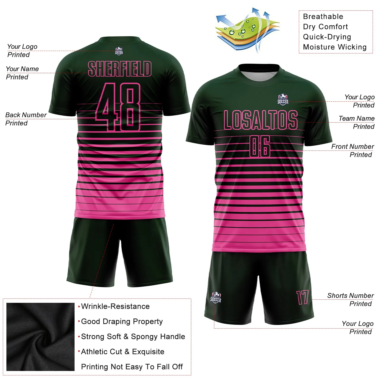 Custom Green Pink Pinstripe Fade Fashion Sublimation Soccer Uniform Jersey