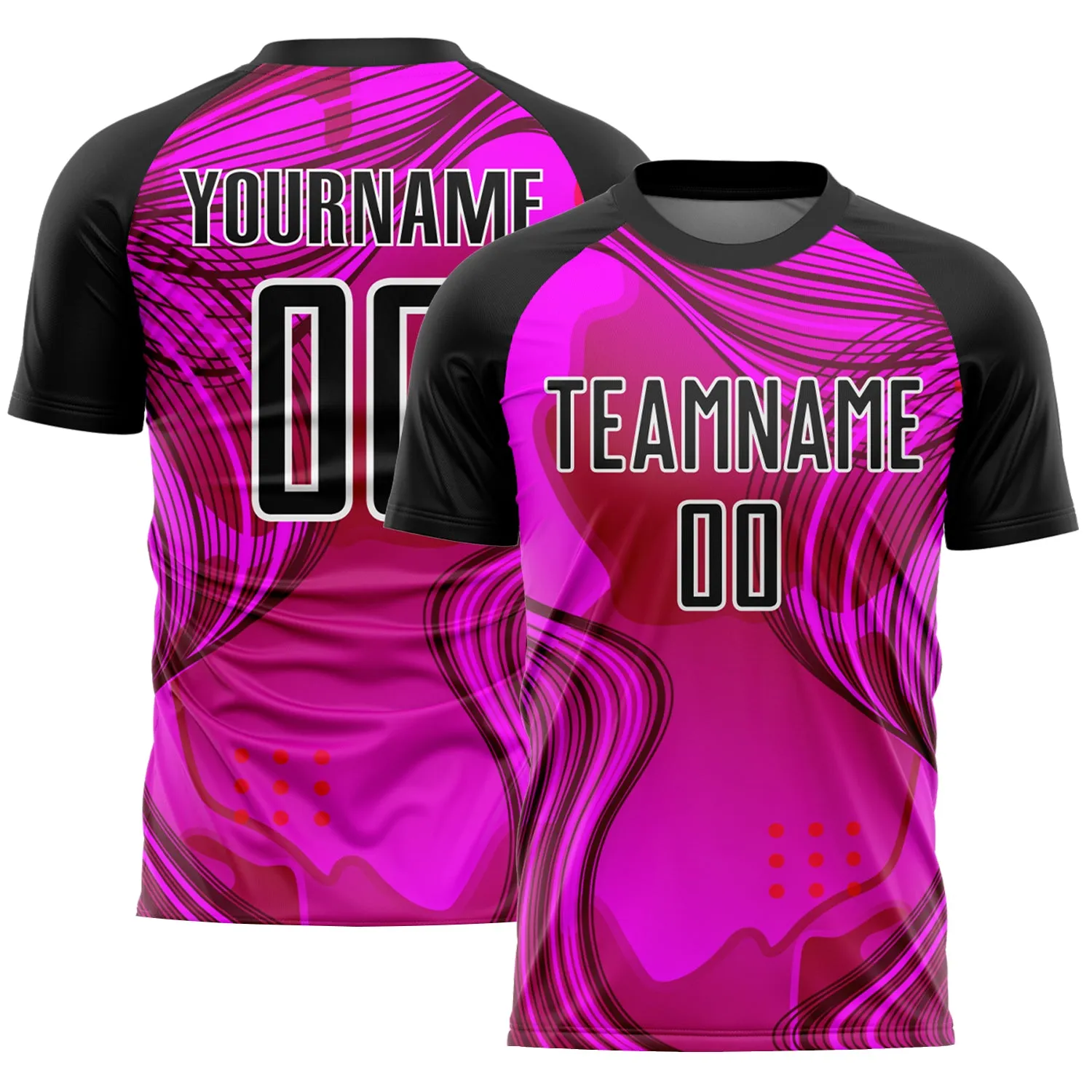 Custom Hot Pink Black-White Waves Sublimation Soccer Uniform Jersey