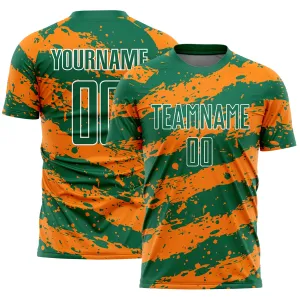 Custom Kelly Green Bay Orange-White Splash Sublimation Soccer Uniform Jersey