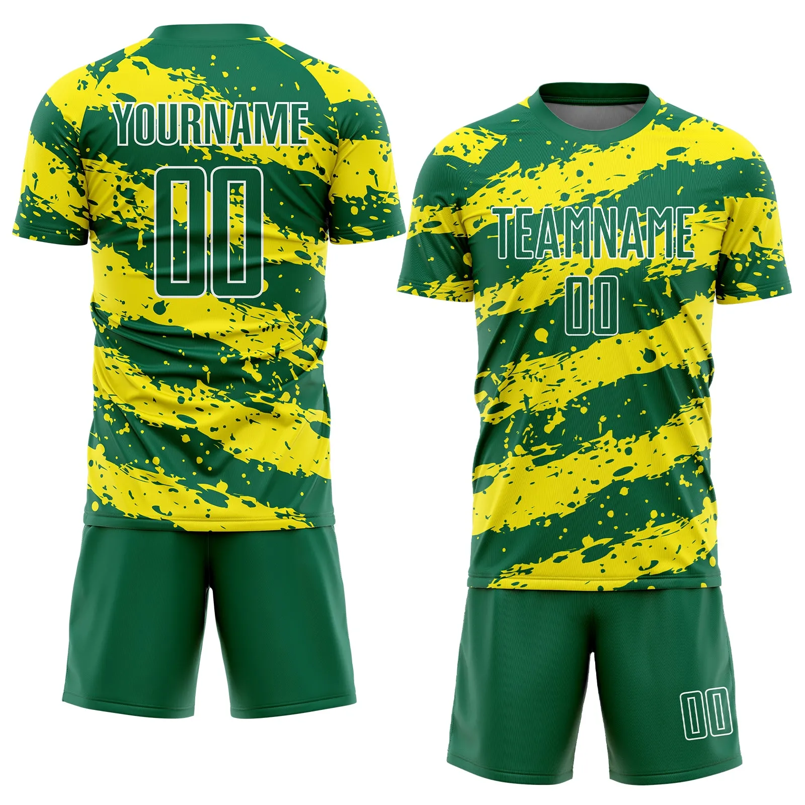 Custom Kelly Green Light Yellow-White Splash Sublimation Soccer Uniform Jersey