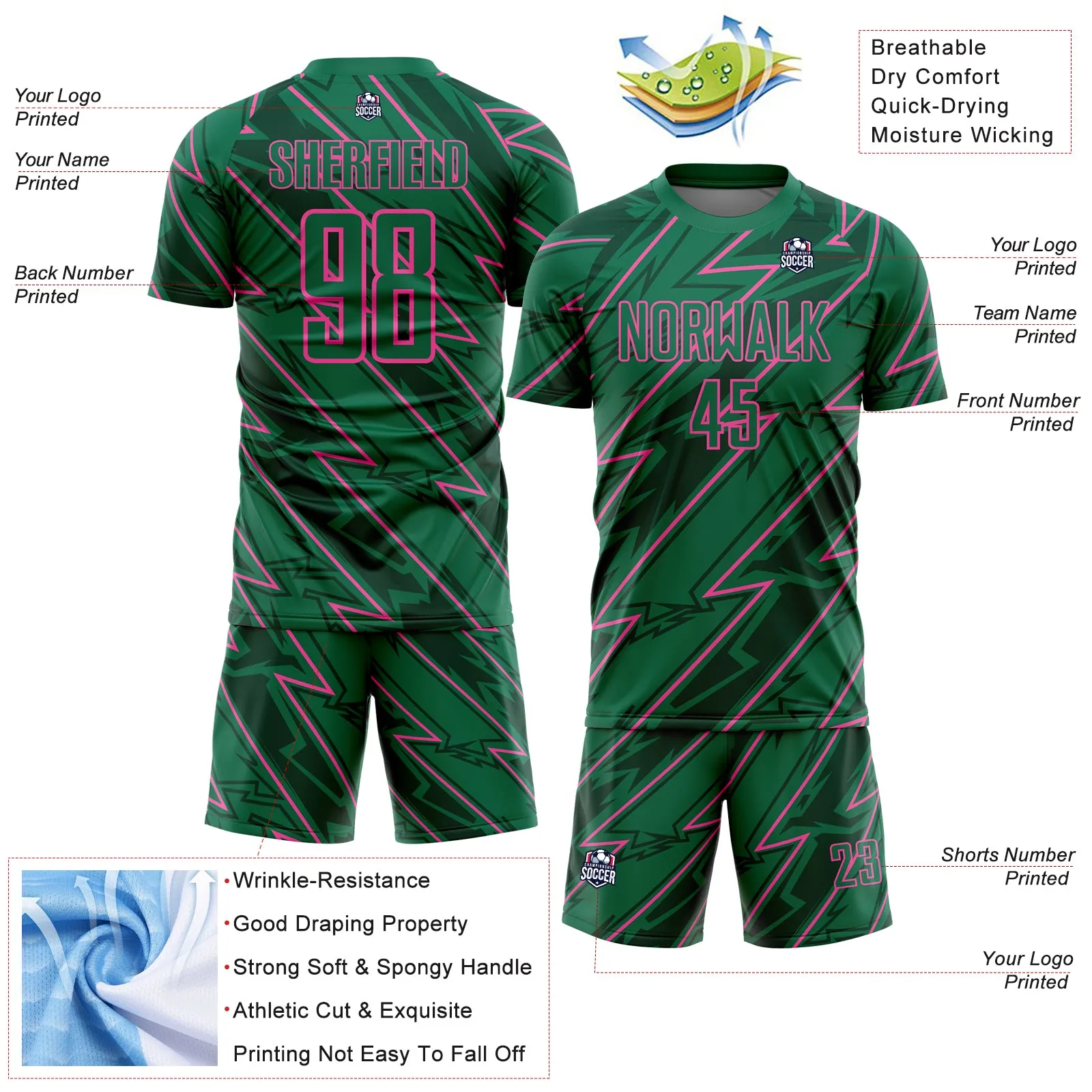 Custom Kelly Green Pink Lightning Sublimation Soccer Uniform Jersey