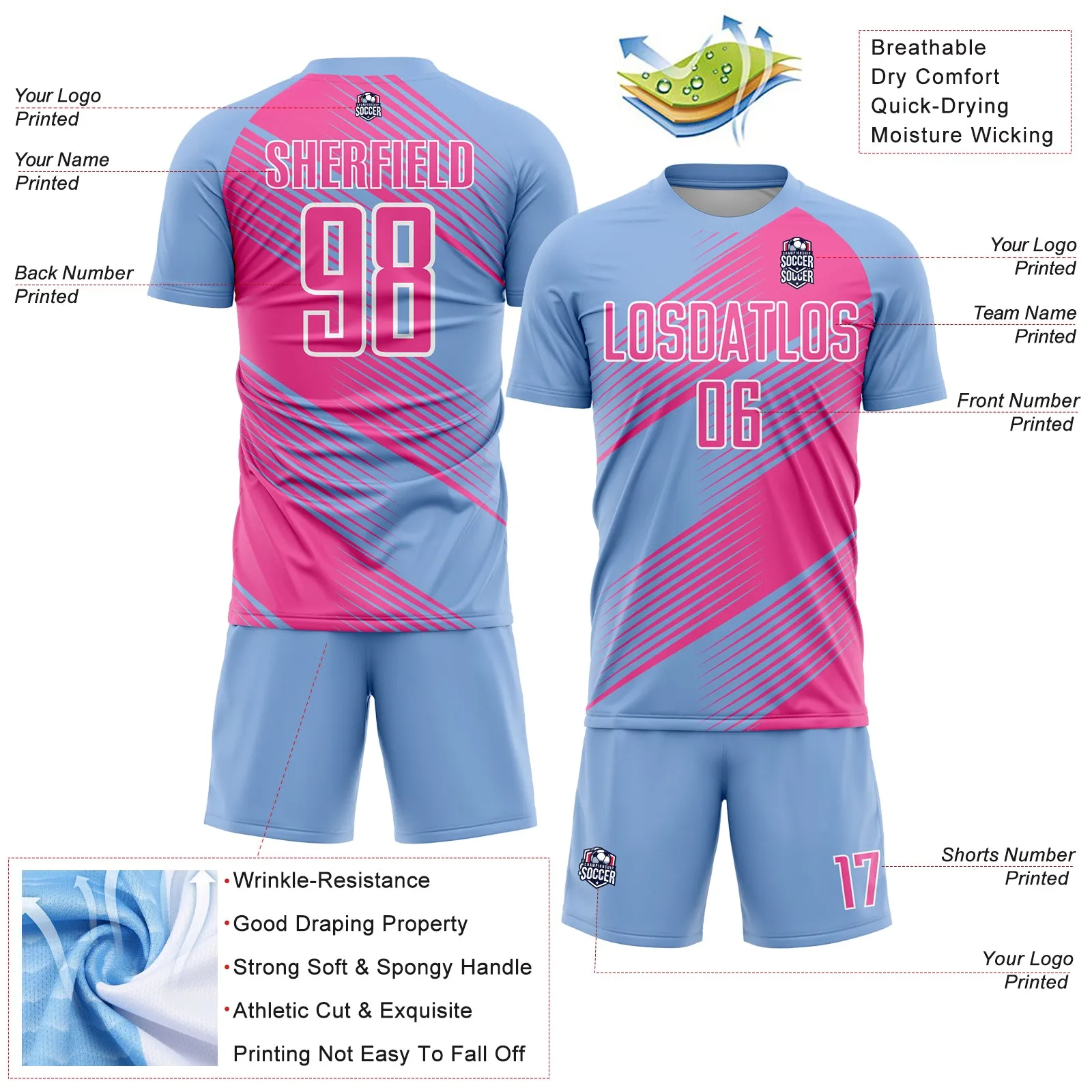 Custom Light Blue Pink-White Line Sublimation Soccer Uniform Jersey