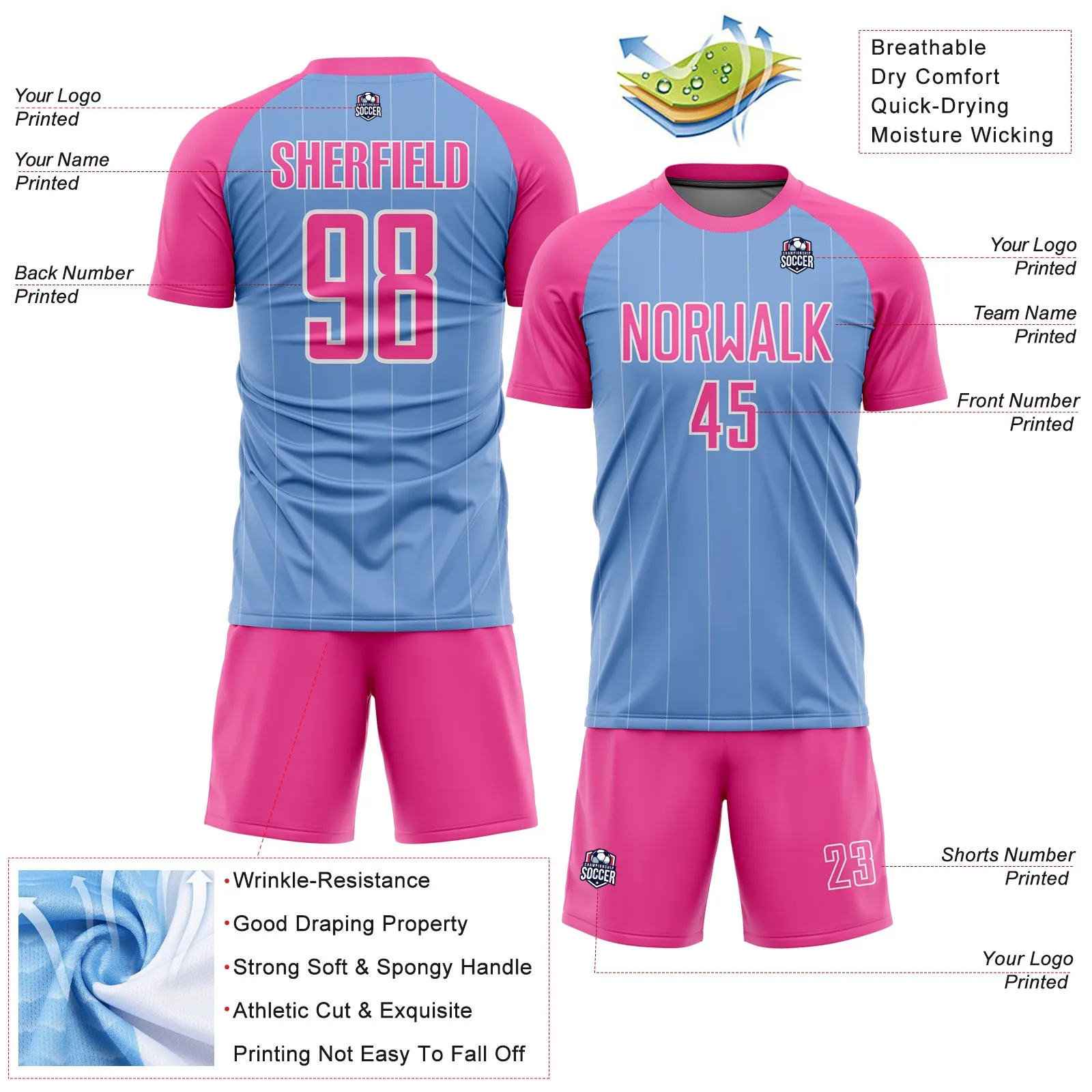 Custom Light Blue Pink-White Pinstripe Sublimation Soccer Uniform Jersey