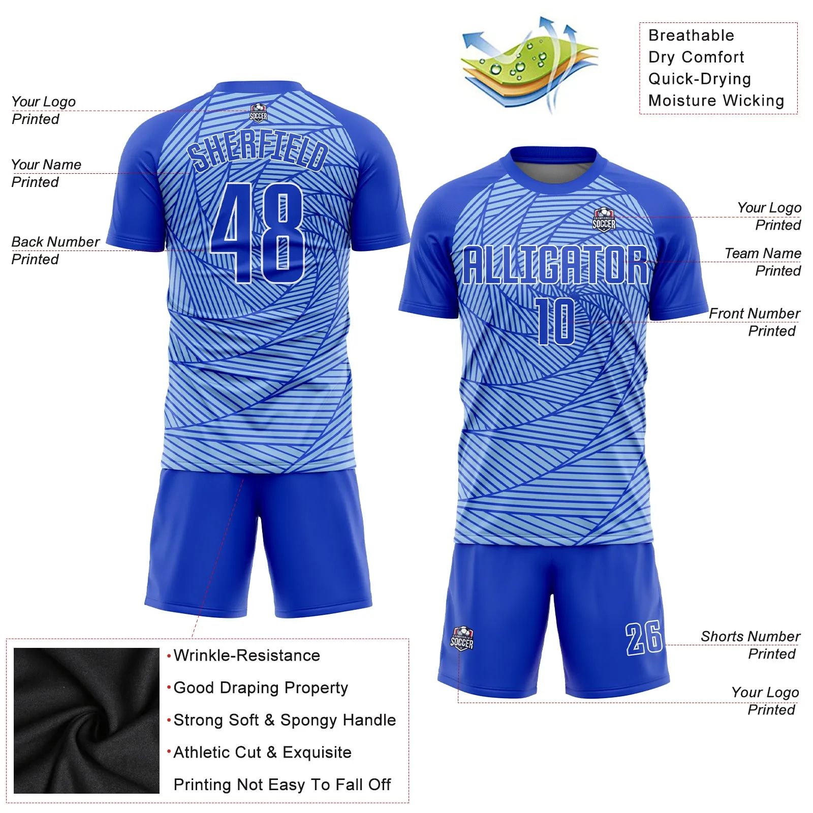 Custom Light Blue Royal-White Sublimation Soccer Uniform Jersey