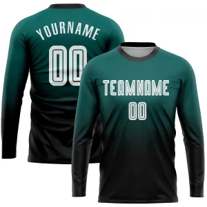 Custom Midnight Green White-Black Sublimation Long Sleeve Fade Fashion Soccer Uniform Jersey