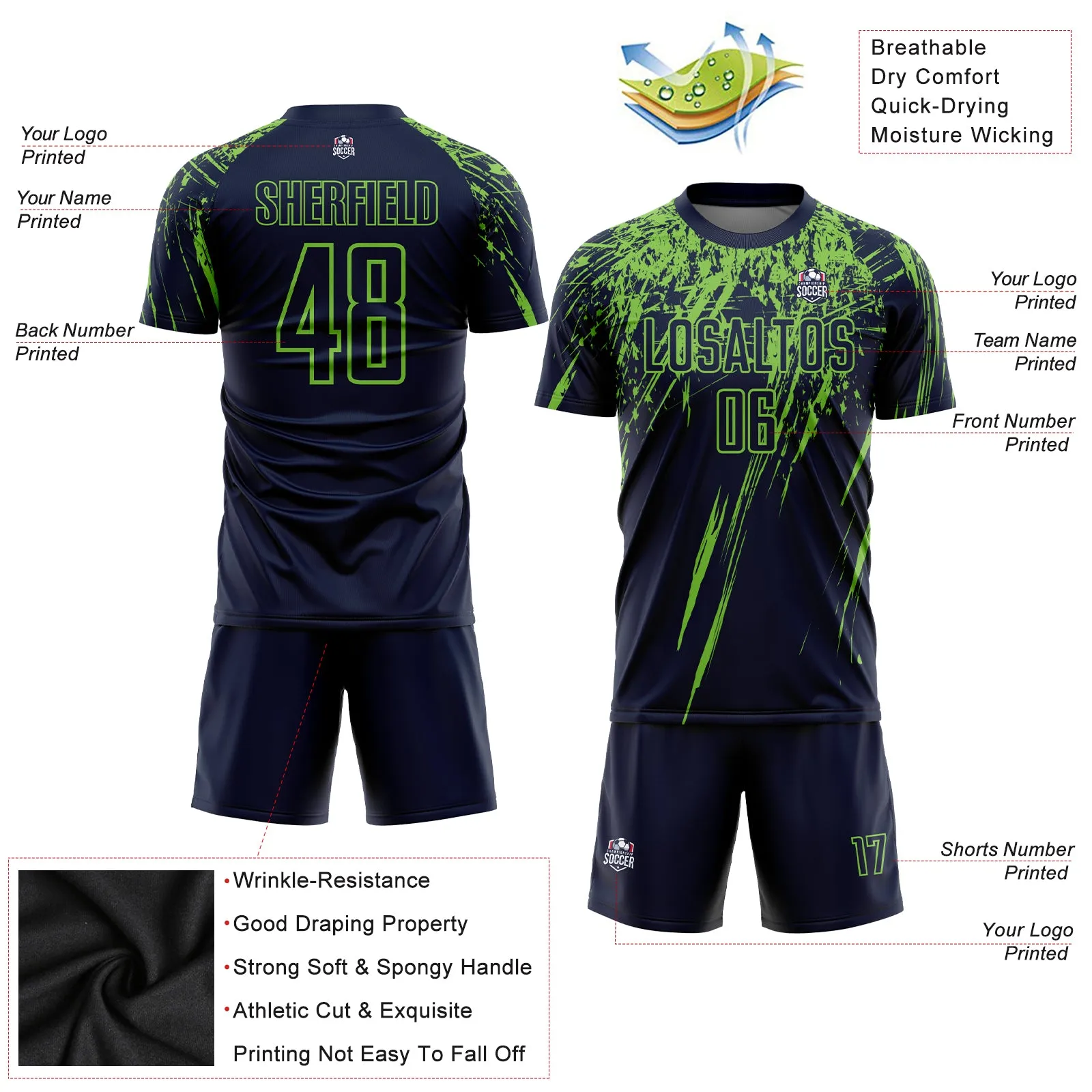 Custom Navy Neon Green Sublimation Soccer Uniform Jersey