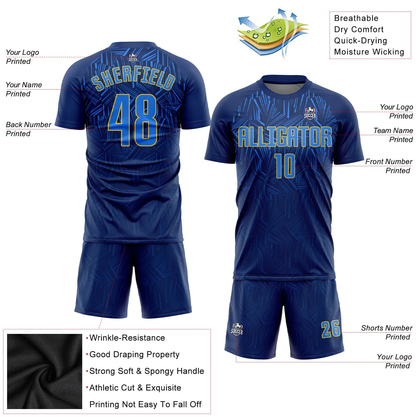 Custom Navy Royal-Gold Sublimation Soccer Uniform Jersey