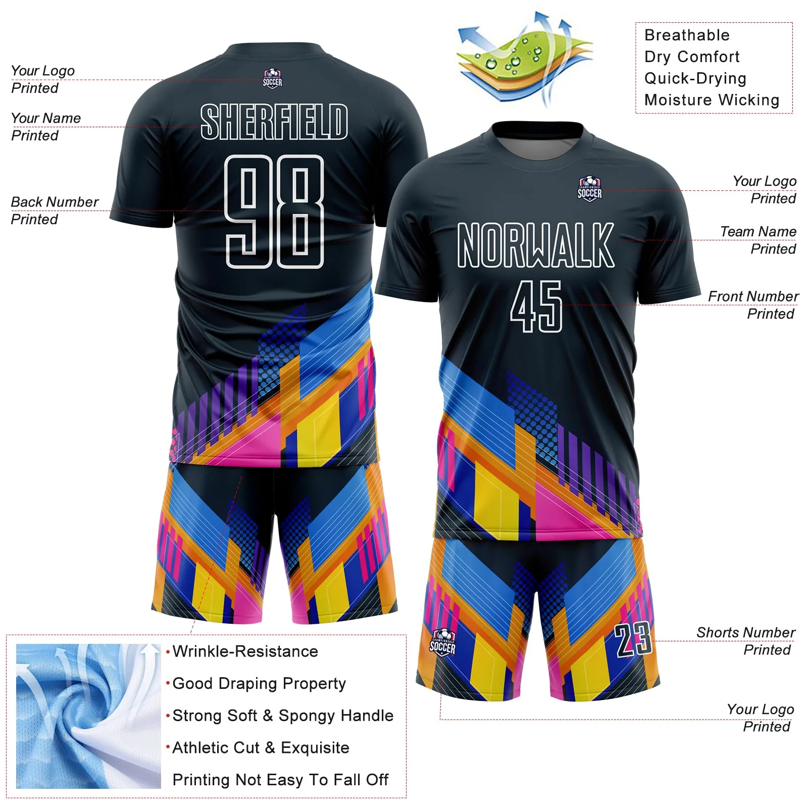 Custom Navy White Geometric Shapes Sublimation Soccer Uniform Jersey