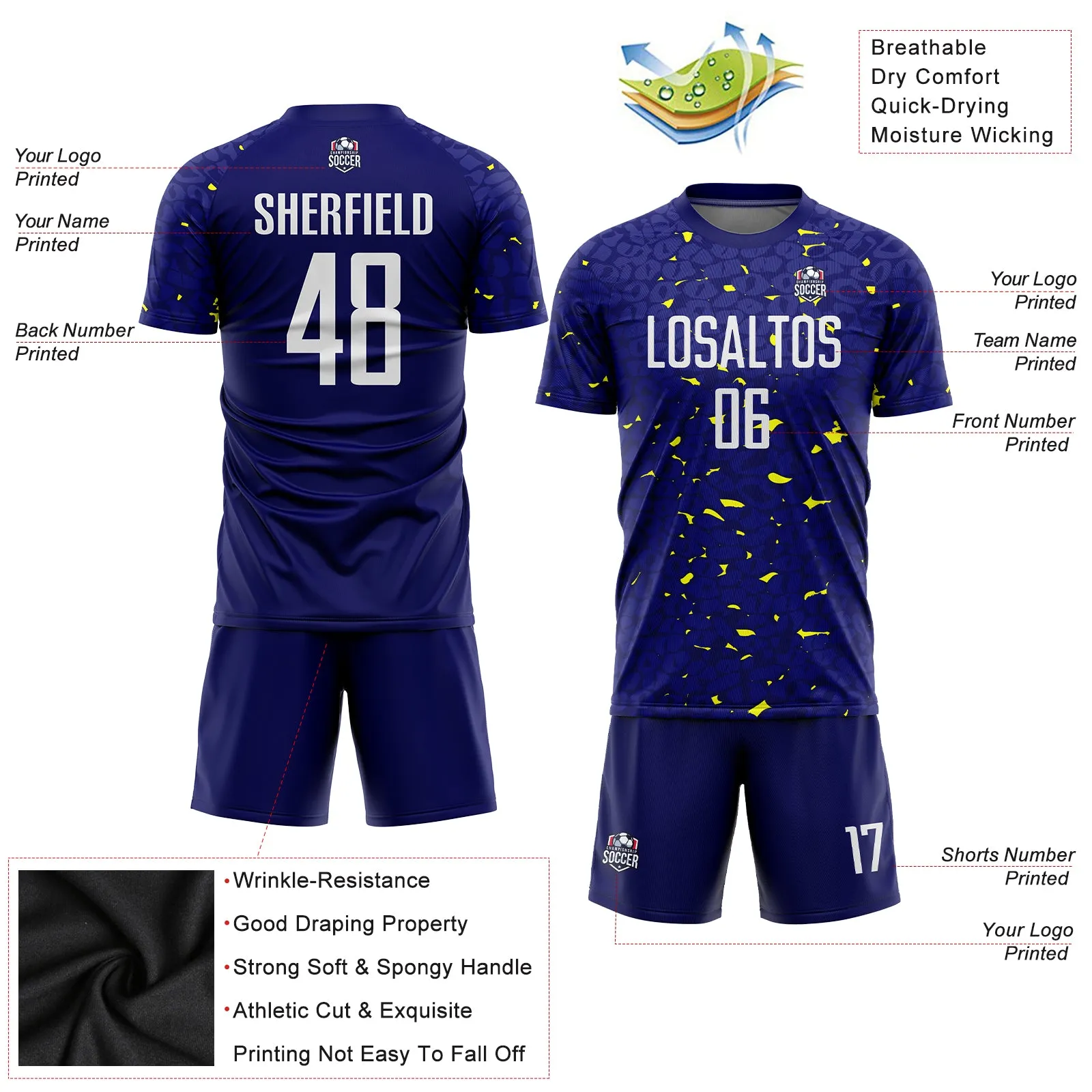 Custom Navy White-Gold Sublimation Soccer Uniform Jersey