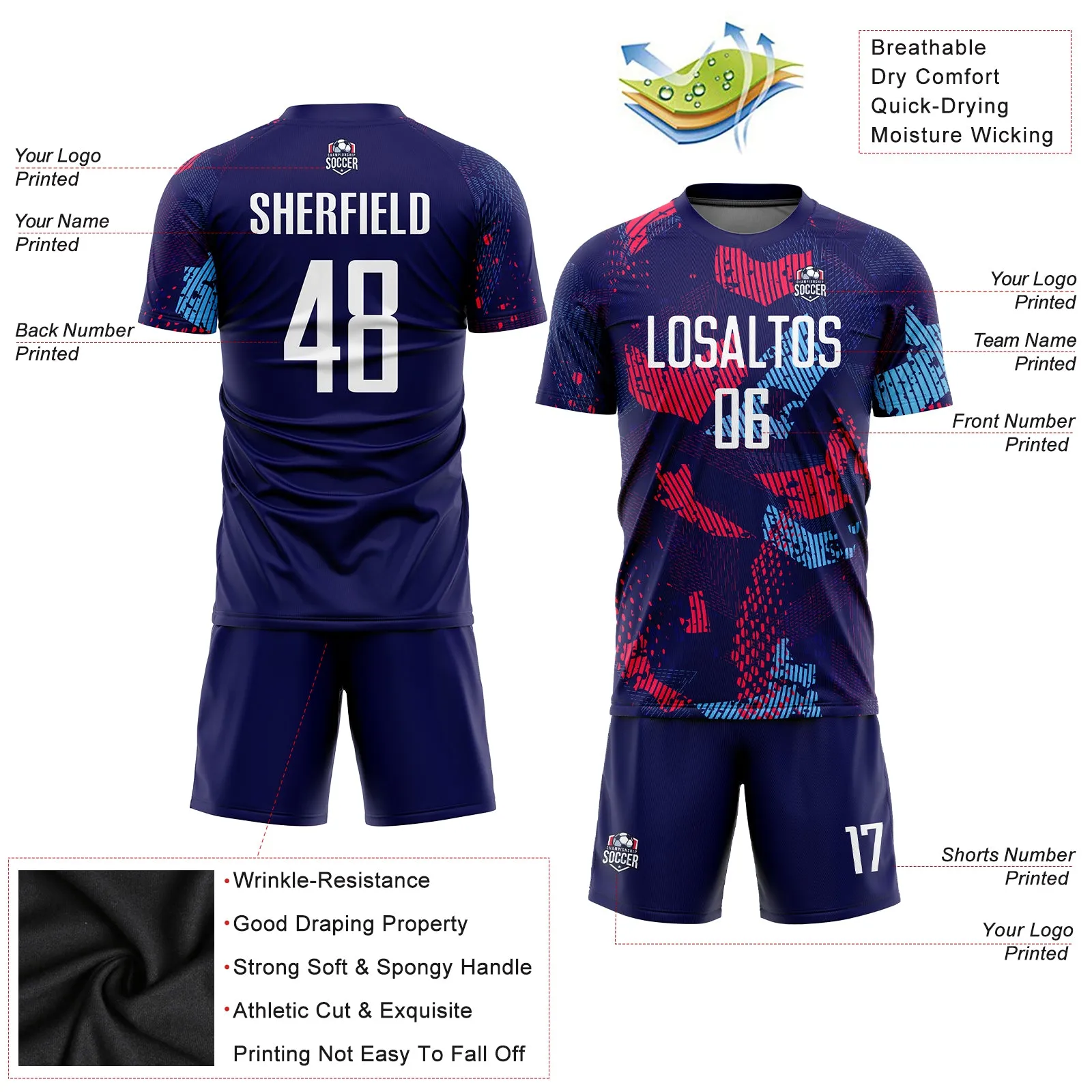 Custom Navy White-Light Blue Sublimation Soccer Uniform Jersey