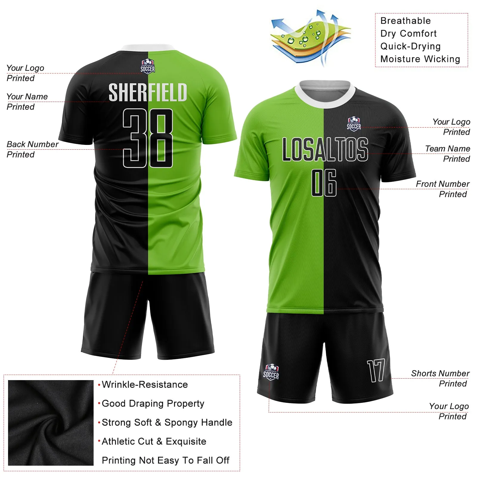 Custom Neon Green Black-White Sublimation Split Fashion Soccer Uniform Jersey