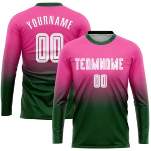 Custom Pink White-Green Sublimation Long Sleeve Fade Fashion Soccer Uniform Jersey